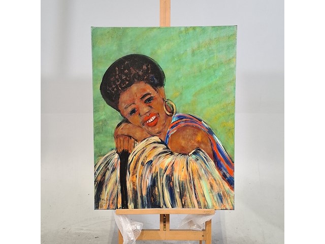 Acryl schilderij op doek, maya wildevuur (1944-2023), afrikaanse vrouw, 2001 - afbeelding 2 van  8