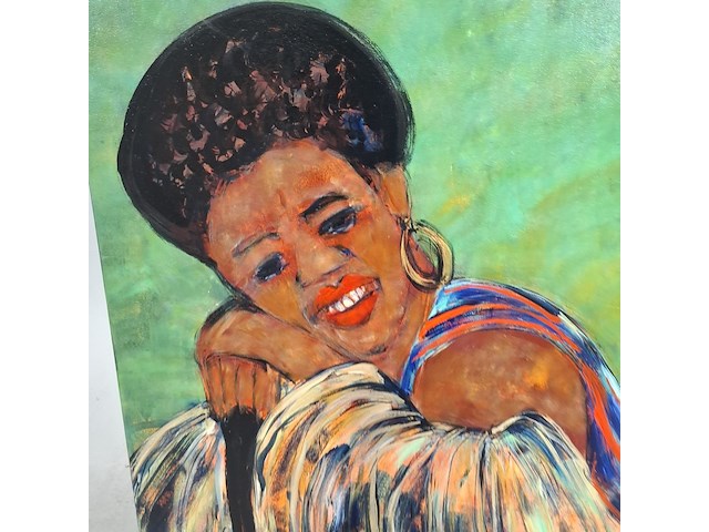 Acryl schilderij op doek, maya wildevuur (1944-2023), afrikaanse vrouw, 2001 - afbeelding 5 van  8