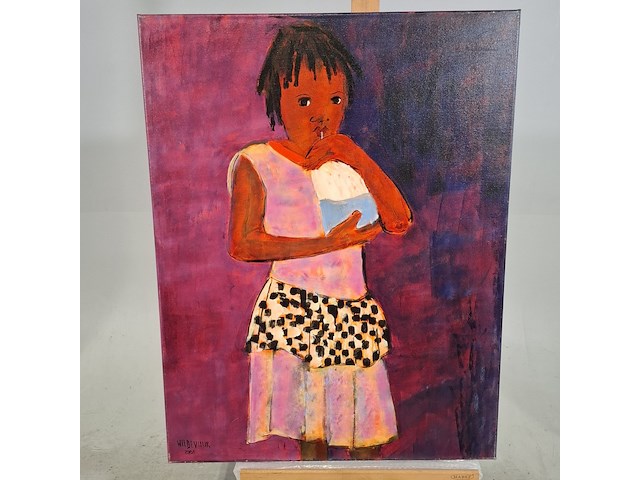 Acryl schilderij op doek, maya wildevuur (1944-2023), meisje met rietje, 2001 - afbeelding 2 van  8