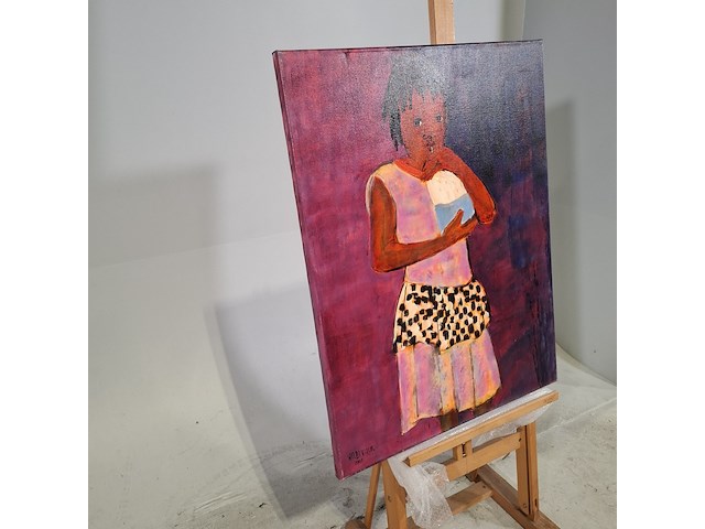 Acryl schilderij op doek, maya wildevuur (1944-2023), meisje met rietje, 2001 - afbeelding 3 van  8