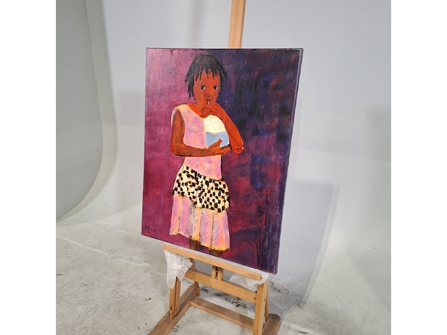 Acryl schilderij op doek, maya wildevuur (1944-2023), meisje met rietje, 2001 - afbeelding 4 van  8