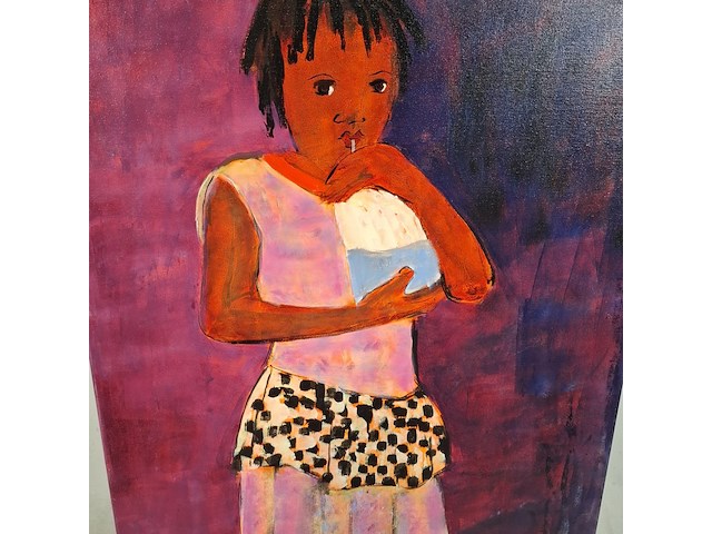 Acryl schilderij op doek, maya wildevuur (1944-2023), meisje met rietje, 2001 - afbeelding 5 van  8