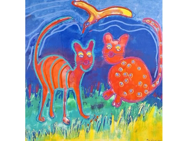 Acryl schilderij op doek maya wildevuur (1944-2023), twee poezen met vogel, bouwjaar 1994 - afbeelding 1 van  10