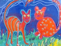 Acryl schilderij op doek maya wildevuur (1944-2023), twee poezen met vogel, bouwjaar 1994 - afbeelding 1 van  10
