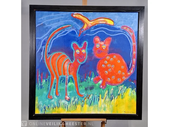 Acryl schilderij op doek maya wildevuur (1944-2023), twee poezen met vogel, bouwjaar 1994 - afbeelding 3 van  10
