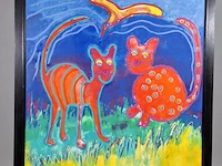 Acryl schilderij op doek maya wildevuur (1944-2023), twee poezen met vogel, bouwjaar 1994 - afbeelding 3 van  10