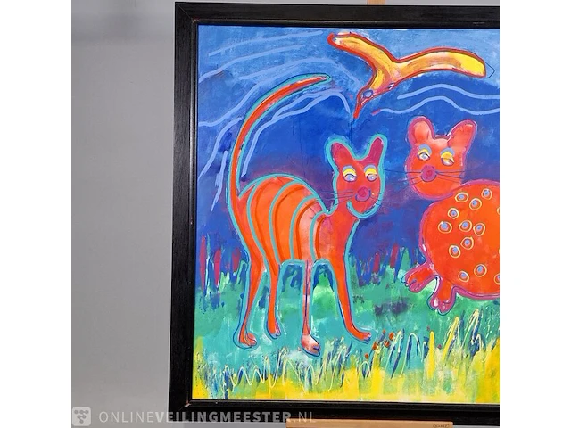 Acryl schilderij op doek maya wildevuur (1944-2023), twee poezen met vogel, bouwjaar 1994 - afbeelding 4 van  10