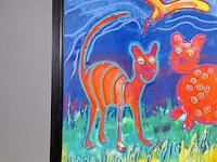 Acryl schilderij op doek maya wildevuur (1944-2023), twee poezen met vogel, bouwjaar 1994 - afbeelding 4 van  10