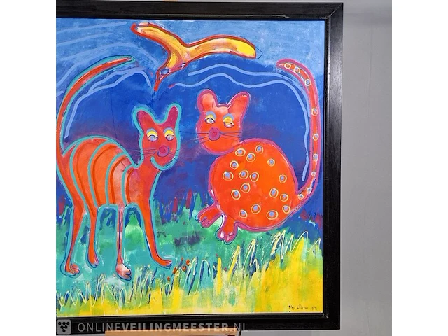 Acryl schilderij op doek maya wildevuur (1944-2023), twee poezen met vogel, bouwjaar 1994 - afbeelding 5 van  10