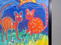 Acryl schilderij op doek maya wildevuur (1944-2023), twee poezen met vogel, bouwjaar 1994 - afbeelding 5 van  10