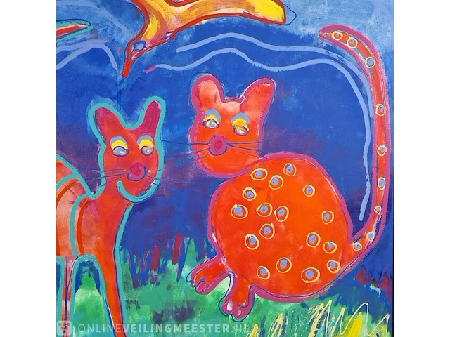 Acryl schilderij op doek maya wildevuur (1944-2023), twee poezen met vogel, bouwjaar 1994 - afbeelding 6 van  10