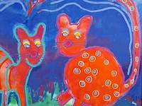 Acryl schilderij op doek maya wildevuur (1944-2023), twee poezen met vogel, bouwjaar 1994 - afbeelding 6 van  10