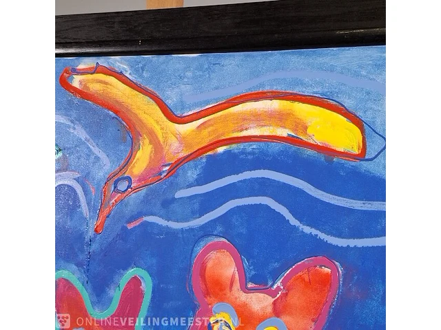 Acryl schilderij op doek maya wildevuur (1944-2023), twee poezen met vogel, bouwjaar 1994 - afbeelding 7 van  10