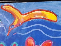 Acryl schilderij op doek maya wildevuur (1944-2023), twee poezen met vogel, bouwjaar 1994 - afbeelding 7 van  10