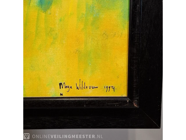 Acryl schilderij op doek maya wildevuur (1944-2023), twee poezen met vogel, bouwjaar 1994 - afbeelding 8 van  10