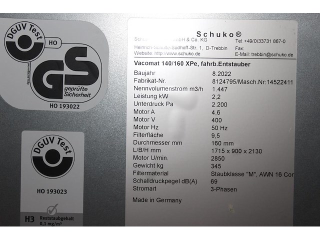 Afzuiginstallatie schuko vacomat 140/160 xpe. bouwjaar 2022. afmeting 1715 x 900 x 2130 mm. max 1447 kuub p... - afbeelding 3 van  7