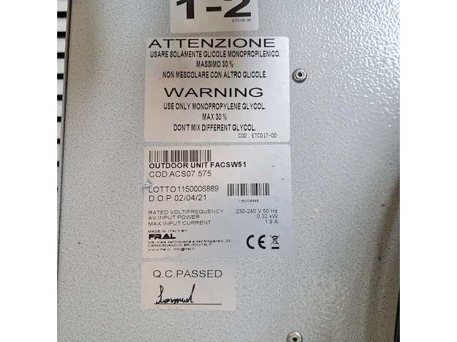 Airconditioning 15kw watergekoeld met buitenunit fral, facsw51, bouwjaar 2021 - afbeelding 9 van  12