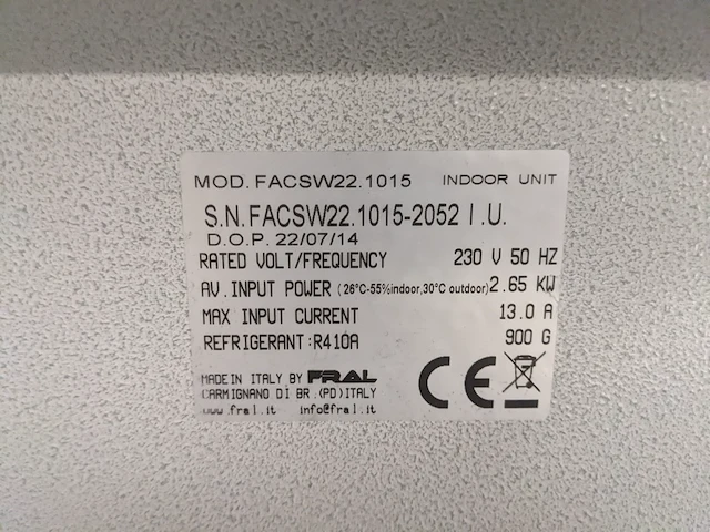 Airconditioning 7kw 230v - fral, facsw22, bouwjaar 2014, watergekoeld met buitenunit - afbeelding 3 van  18