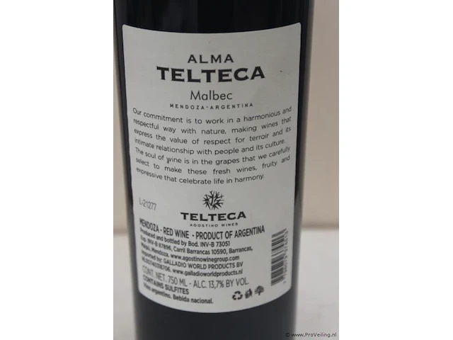Alma telteca rode wijn - 75 cl - winkelverkoopprijs € 8.25 - afbeelding 3 van  3