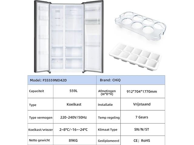 Amerikaanse koelkast 559 liter met waterdispenser chiq, fss559nei42d - afbeelding 4 van  6