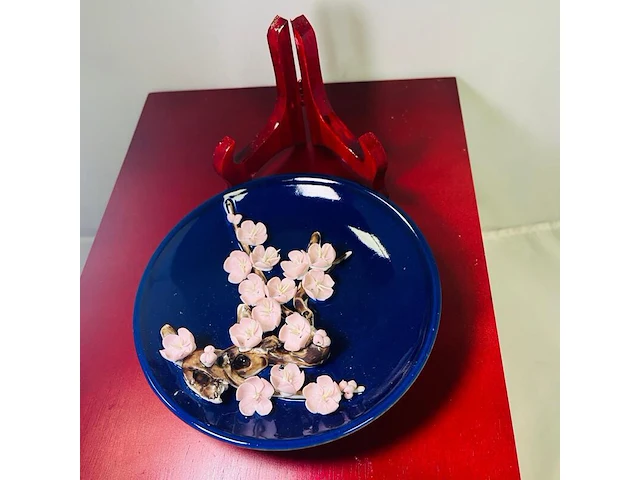 Antiek japans sierbord kunstwerk inclusief houten stand - afbeelding 4 van  6