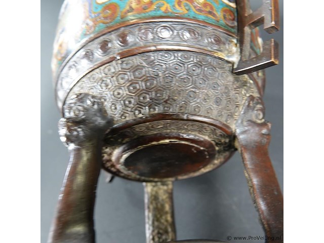 Antieke late qing-dynastie brons cloisonné wierookhouder - afbeelding 10 van  11