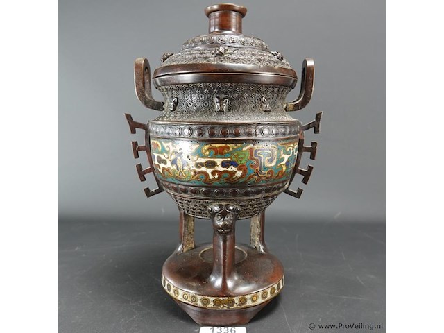Antieke late qing-dynastie brons cloisonné wierookhouder - afbeelding 1 van  11