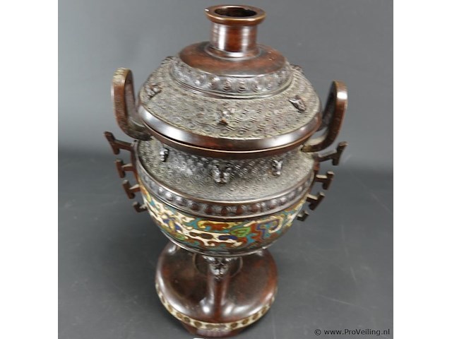 Antieke late qing-dynastie brons cloisonné wierookhouder - afbeelding 2 van  11