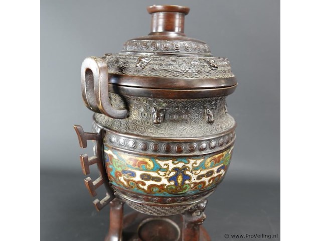 Antieke late qing-dynastie brons cloisonné wierookhouder - afbeelding 3 van  11