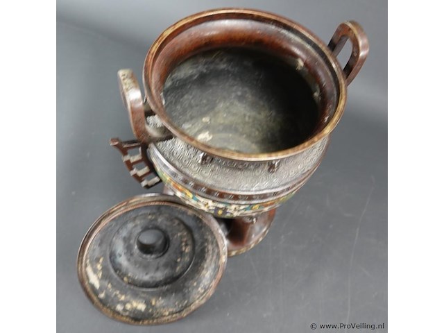Antieke late qing-dynastie brons cloisonné wierookhouder - afbeelding 5 van  11