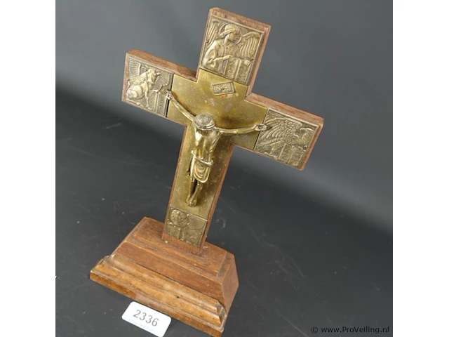 Antieke staande crucifix met bronzen corpus - afbeelding 2 van  5