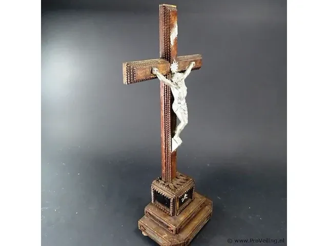 Antieke staande crucifix met tinnen corpus - afbeelding 5 van  5