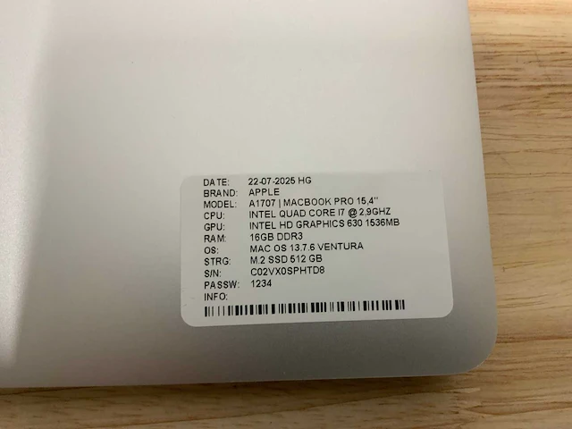 Apple a1707 macbook pro(i7) laptop - afbeelding 7 van  8