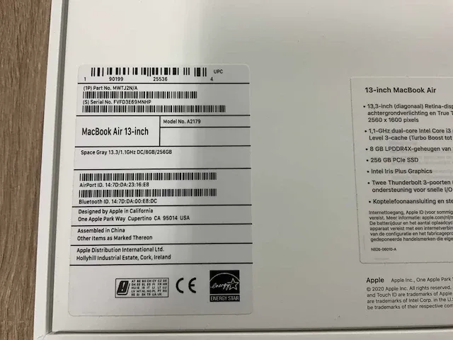 Apple macbook air 13” a2179 - afbeelding 6 van  8