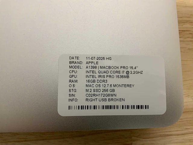 Apple macbook pro a1398(i7) laptop (2x) - afbeelding 6 van  8