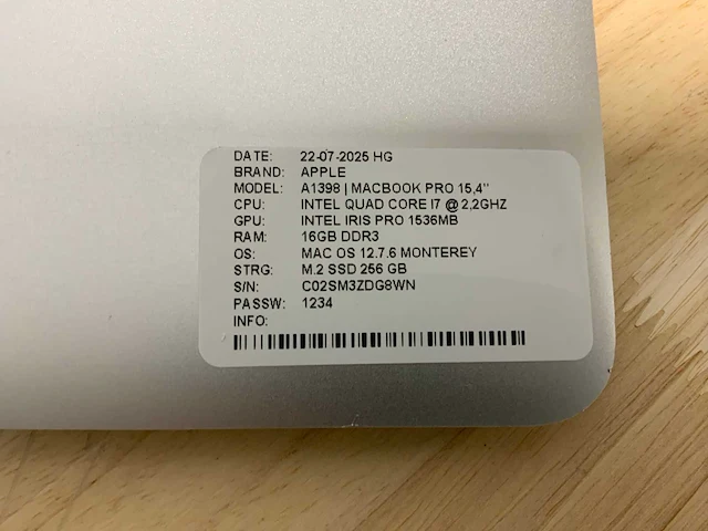 Apple macbook pro a1398(i7) laptop - afbeelding 7 van  7