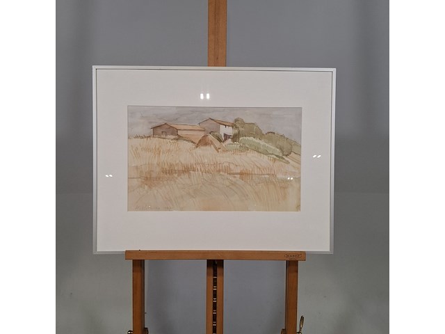 Aquarel, hans olsthoorn, landschap met korenveld, 1972 - afbeelding 1 van  8