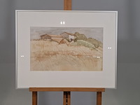 Aquarel, hans olsthoorn, landschap met korenveld, 1972