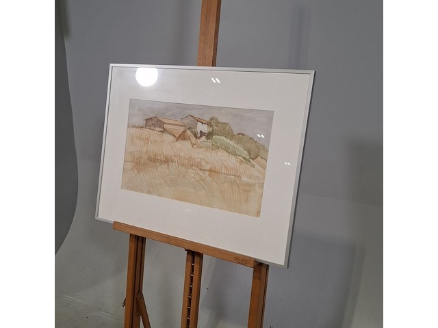 Aquarel, hans olsthoorn, landschap met korenveld, 1972 - afbeelding 3 van  8