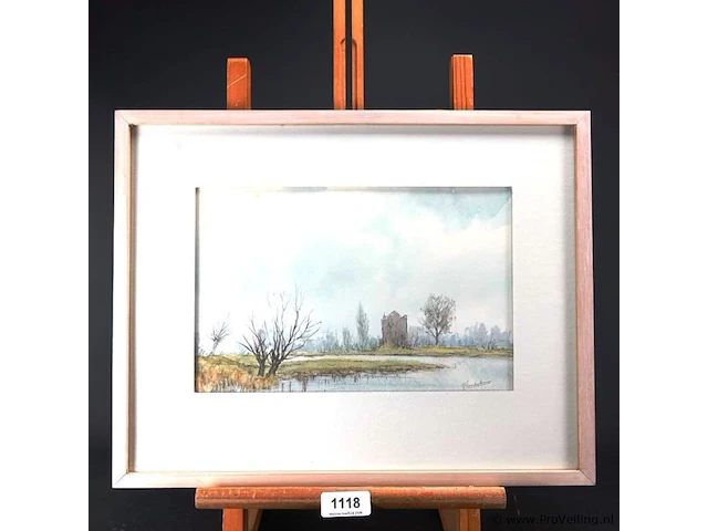 Aquarel in passe-partout en houten lijst - afbeelding 1 van  5
