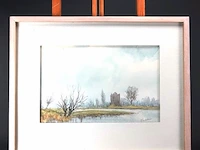 Aquarel in passe-partout en houten lijst