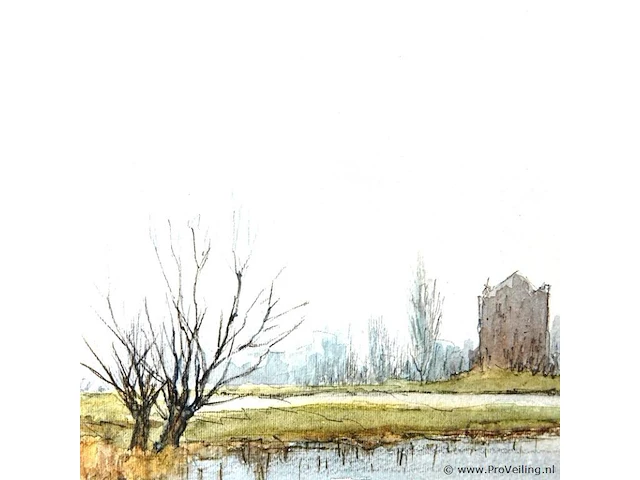 Aquarel in passe-partout en houten lijst - afbeelding 3 van  5