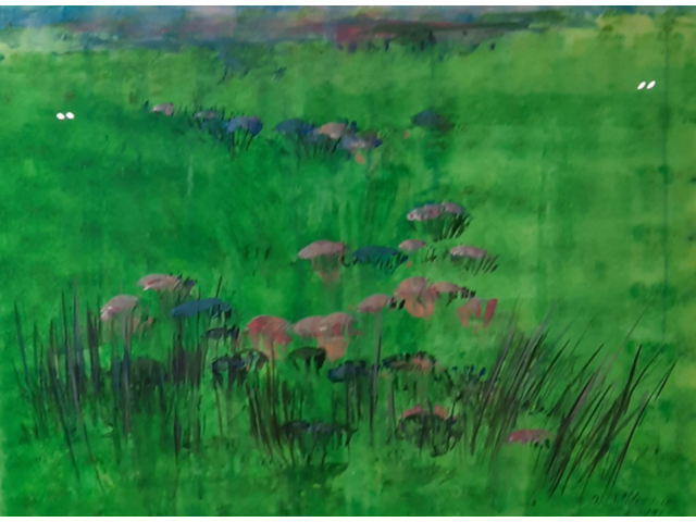 Aquarel, maya wildevuur (1944-2023), bloemenveld, 1991 - afbeelding 1 van  9