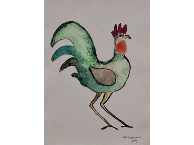 Aquarel maya wildevuur (1944-2023), groene haan, bouwjaar 2009 - afbeelding 1 van  10