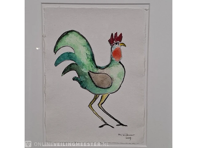 Aquarel maya wildevuur (1944-2023), groene haan, bouwjaar 2009 - afbeelding 4 van  10