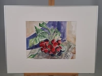 Aquarel, maya wildevuur, bos radijs op krant, 1996