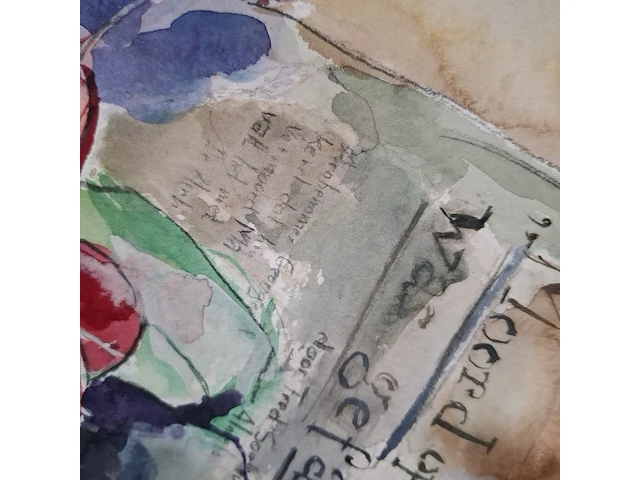 Aquarel, maya wildevuur, bos radijs op krant, 1996 - afbeelding 5 van  9