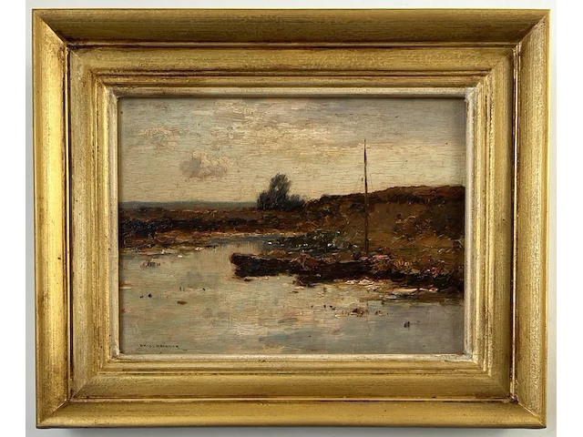 Aris knikker (1887 - 1962), olieverf op paneel, “aangemeerde bootjes op een ven”. te dateren circa 1930, gesigneerd links onder. - afbeelding 1 van  4