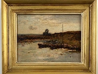 Aris knikker (1887 - 1962), olieverf op paneel, “aangemeerde bootjes op een ven”. te dateren circa 1930, gesigneerd links onder. - afbeelding 1 van  4