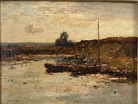 Aris knikker (1887 - 1962), olieverf op paneel, “aangemeerde bootjes op een ven”. te dateren circa 1930, gesigneerd links onder. - afbeelding 2 van  4